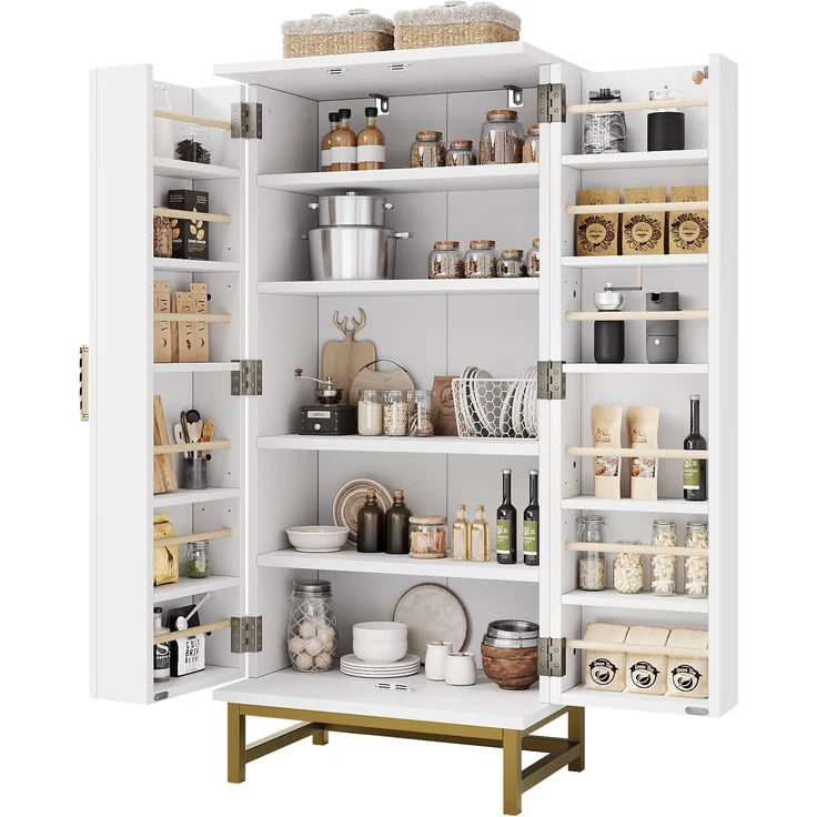 Vorratsschrank 60 x 40 x 130 cm aus Spanplatte in Weiß mit goldfarbenen Griffen – Bild 7