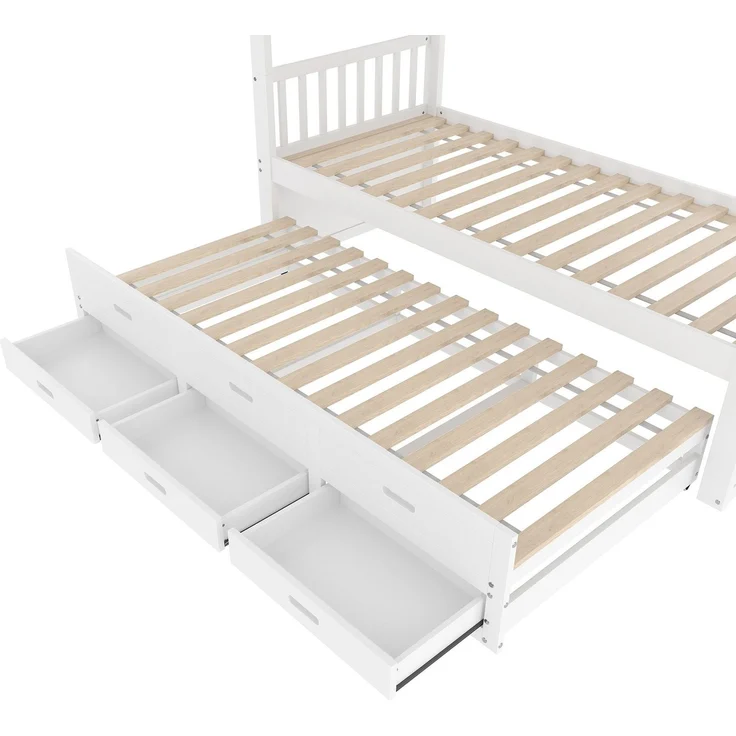 Etagenbett mit 2 Schlafgelegenheiten, Ausziehbett, Schubladen, Leiter und Rausfallschutz, 90x200 cm, Kinderbett umbaufähig zu 2 Einzelbetten, Kiefer – Bild 10