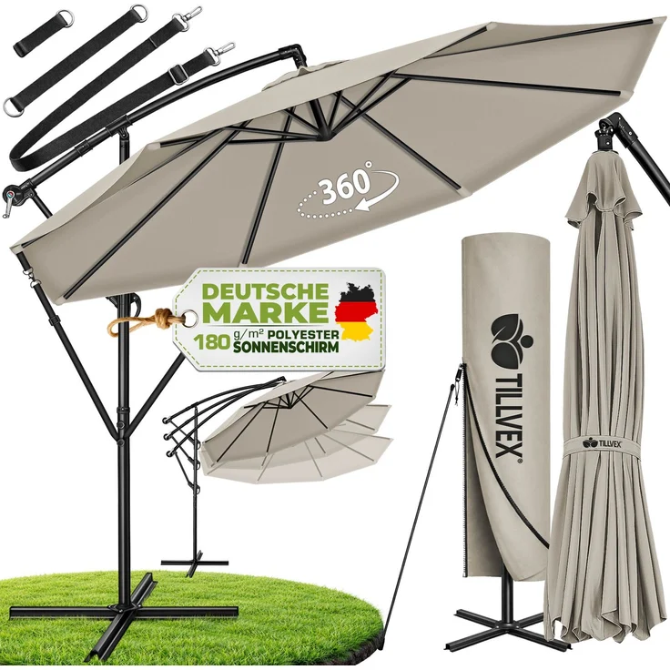 tillvex Sonnenschirm Taupe Ø 300 cm Ampelschirm Gartenschirm Marktschirm Kurbel Balkon Alu Neigbar – Bild 1