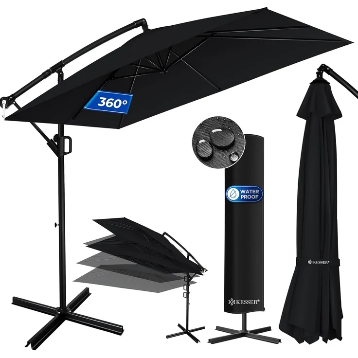 KESSER® 'Holly' Ampelschirm ohne LED Solar, inkl. Ständer, Abdeckung & Windsicherung mit Kurbel, Aluminium schwarz, Ø 350 cm – Bild 1