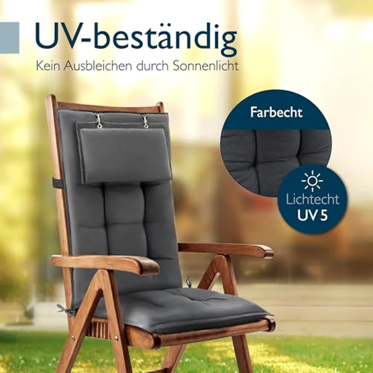 Beautissu Hochlehnerauflage 6er Set Sun-HL, 120x50x8cm, Anthrazit, mit Kopfpolster, rutschfest, robust, UV 5, Befestigungsbänder – Bild 7