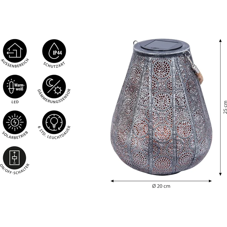 Dehner Solar-Laterne Scala, Ø 20 cm, Höhe 25 cm, Metall/Kunststoff, Lichtfarbe warmweiß, grau/silber – Bild 2