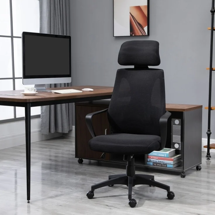 Faumrta Bürostuhl, H?henverstellbarer Schreibtischstuhl mit Wippfunktion Drehstuhl mit Armlehne, Kopfstütze, Lendenstütze Bürostuhl mit Netzstoff-Optik, SchwarzPolyester64cm*55cm*126cmSchwarz – Bild 2