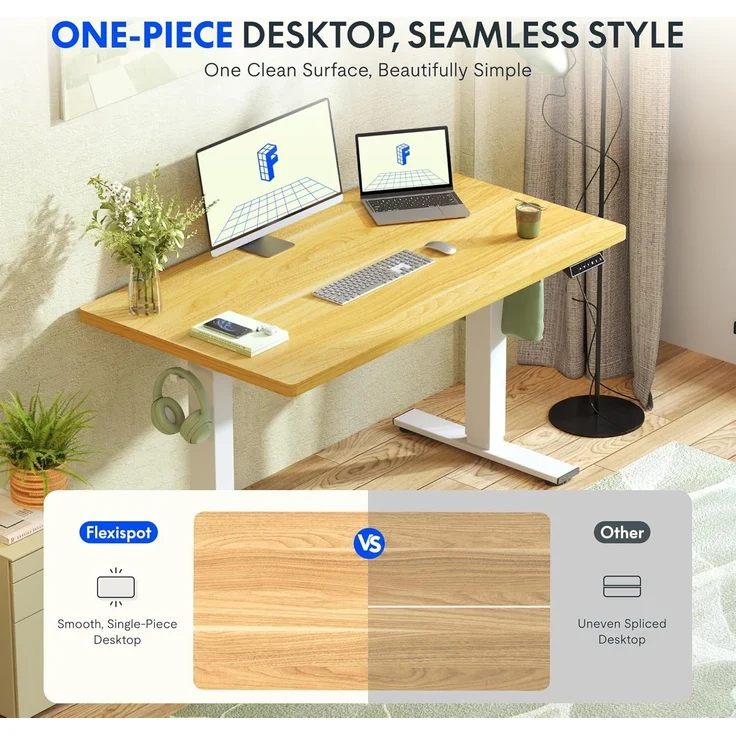 FLEXISPOT Höhenverstellbarer Schreibtisch 140×80cm, mit Haken und 25mm EINTEILIGER Tischplatte, ergonomischer Schreibtisch mit LED-Höhenanzeige und Memory-Funktion (Ahorn, Mousseweiß) – Bild 6