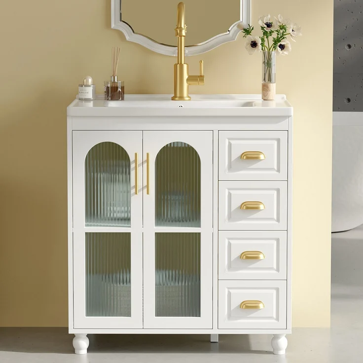 Waschtisch mit Unterschrank H 90 x T 80 x B 47 cm aus MDF in Weiß, mit Keramikbecken – Bild 2