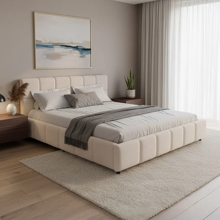 Juskys Polsterbett Florenz 180 x 200 cm – Bouclé, modernes Bett mit Kopf- & Fußteil, stabilem Holz- & Metallrahmen, Lattenrost, 500 kg Tragkraft – Creme – Bild 1
