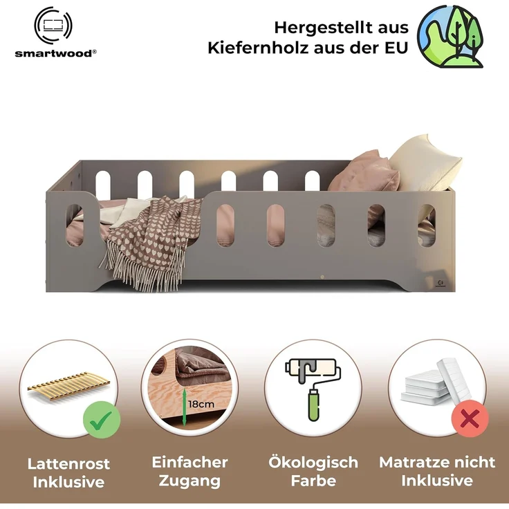smartwood Kinderbett Bodenbett 100x180 mit Rausfallschutz & Lattenrost - Grau - Kinder Montessori Bett TILA 2L mit glatten Kanten - Betten für schnelle Montage - Bis 230 kg belastbar – Bild 3