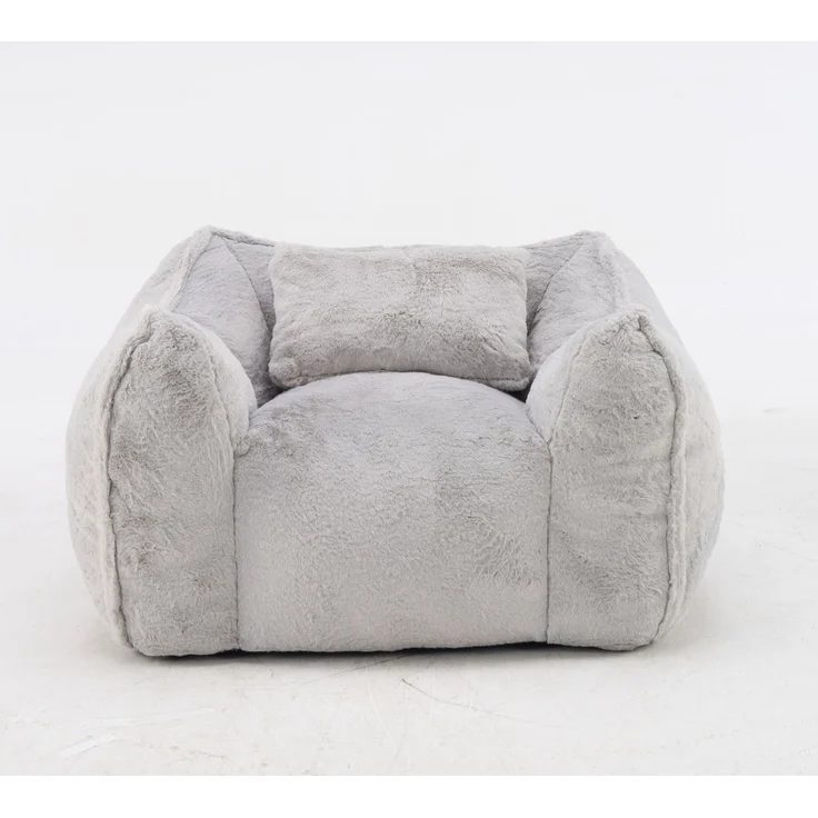 Großer Sitzsack-Sessel mit Kunstfellbezug und Kissen, weicher Loungesitz mit Schaumstoffflocken ohne Montage für Wohnzimmer, Grau – Bild 16