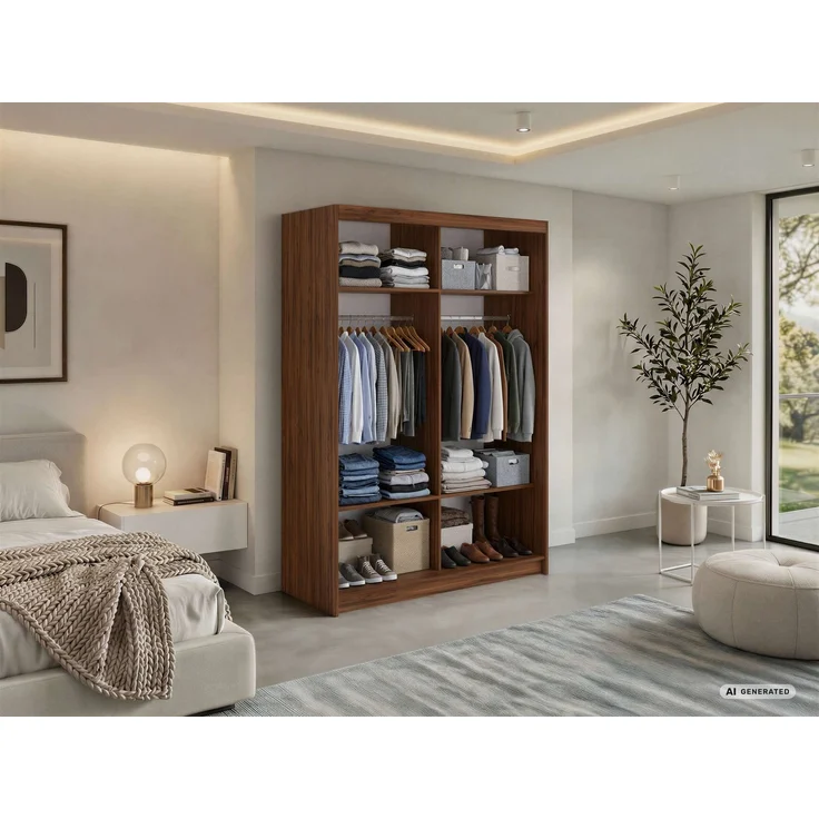 Schwebetürenschrank NAURU mit Lamellen-Optik, moderner Kleiderschrank, Breite 150 cm, inkl. Innenausstattung & Stauraum, Akustikpaneel-Design - Warmia-Nuss und Schwarz – Bild 3