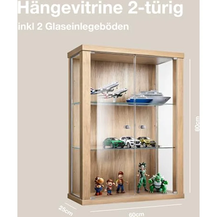 K-Möbel Hängevitrine, rechteckig, Buche, Glas, 2 Fächer, 60x80x25 cm, für Wohnzimmer und Wohnwände – Bild 2