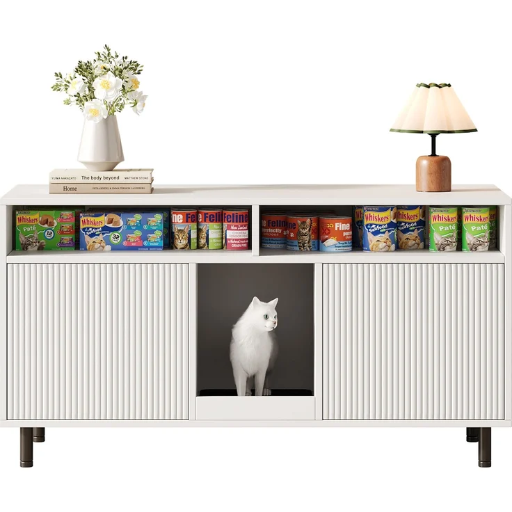 Schrank mit Doppel-Türen, Rippen-Design, Fangmatten, Mehrzonen-Lagerung, Platz für 2 Katzenstreukästen,Weiß – Bild 10
