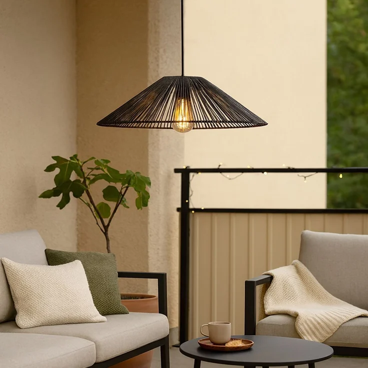 Star Rattan-Lampenschirm „Vide“ (Ø 58 cm), Für den Außenbereich - wetterfest und dekorativ in Schwarz, Kombinierbar mit E27-Outdoor-Kabelsets, Schutzart IP44 – Bild 4