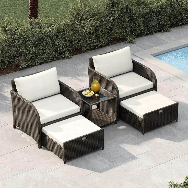GarveeMore Gartenlounge-Set Terrassenmöbel mit Tisch,5 teilig Rattan Balkonmöbel Kleiner Balkon, Gartenmöbel Set Balkonset 2 Rattansessel mit Hocker,Outdoor Sitzgruppe – Bild 1