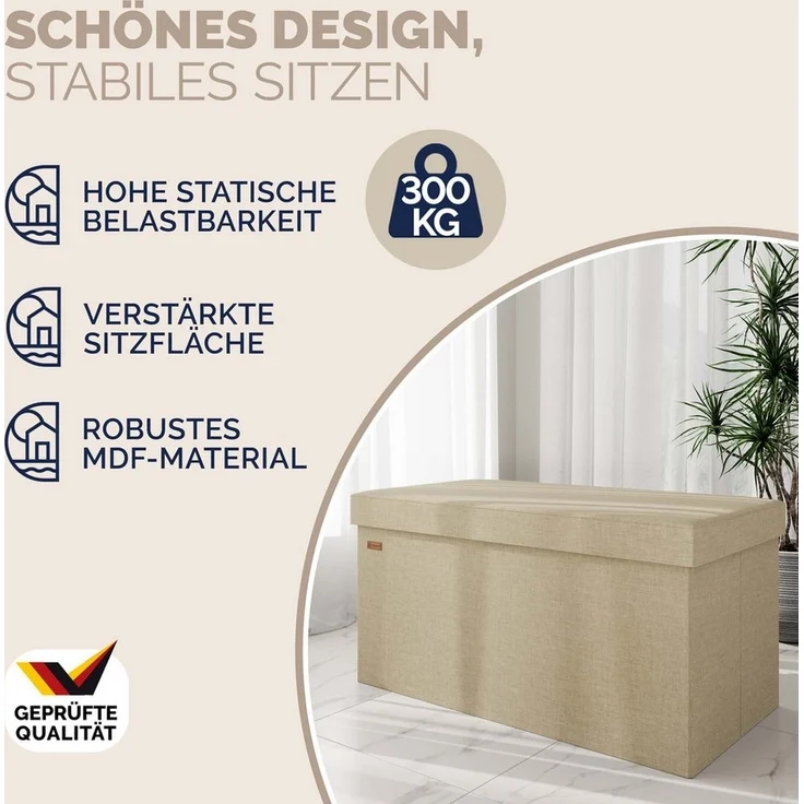 Casaria Sitzbank, mit Stauraum Faltbar Beige 80x40x40cm Gepolstert Deckel Stoff Stabil – Bild 2