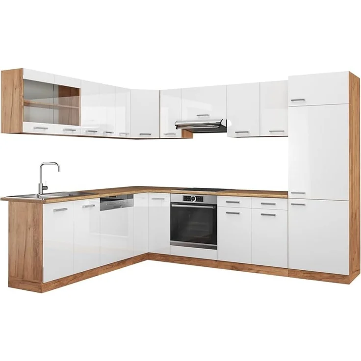 Eckküche R-Line Weiß Hochglanz/Goldkraft Eiche 287 x 227 cm ohne Arbeitsplatte Vicco – Bild 1