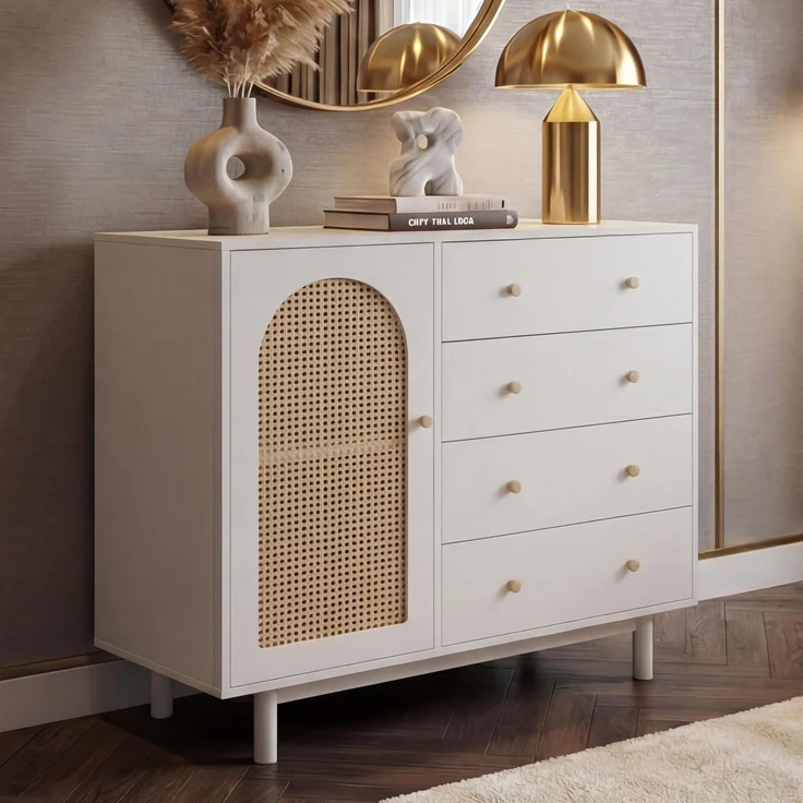 Kommode HWC-P52, Schrank Sideboard Highboard, Schubladen Staufächer, Poly-Rattan MDF Melamin 95x100x40cm ~ weiß – Bild 1