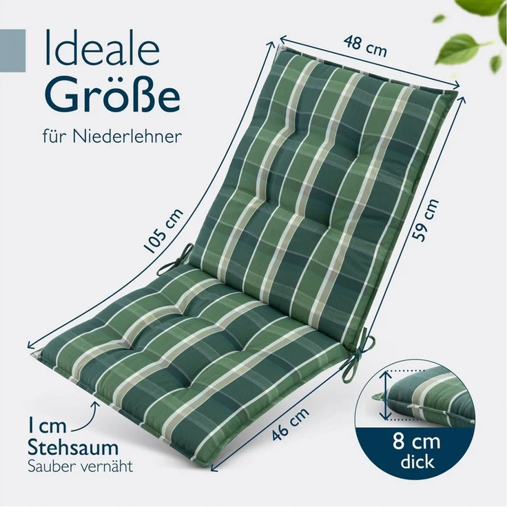 Beautissu Sitzauflage 4er Set Niedriglehner Auflage Sun-NL 100x50x8cm Grün-Kariert, 8cm Dicke Gartenstuhlauflage mit Befestigung UV-Lichtechtheit 5 – Bild 2