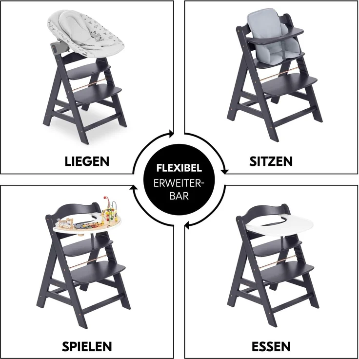 Hauck Kinder Hochstuhl Alpha+ - Mitwachsender Holz Babystuhl (FSC zertifiziert), Kinderhochstuhl ab 6 Monate, verstellbar, mit Schutzbügel, Schrittgurt in Lederoptik und 5-Punkt-Gurt - Dunkelgrau – Bild 5