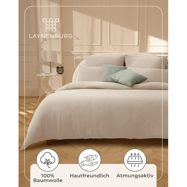 Laynenburg Bettwäsche Musselin aus 100% Baumwolle in 135x200 oder 155x220 cm, atmungsaktiv & bügelfrei – 2 lagig mit Reißverschluss & Haltebändern – Bild 4