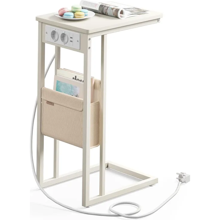 VASAGLE Beistelltisch, Sofatisch mit Ladestation, C Form, Couchtisch klein, Stofftasche, verstellbare Füße, Schlafzimmer, Wohnzimmer, 2 USB-Anschlüsse, 2 AC-Steckdosen, cremeweiß LET356W02