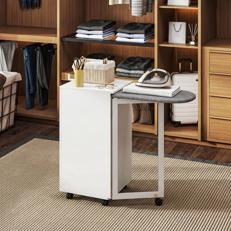 2-in-1 faltbarer Bügelbrettschrank auf Rollen mit Bügelbrett und verstellbarem Regal für kleine Räume, Weiß--Weiß--83x43x99.5cm--YOUDENOVA – Bild 4