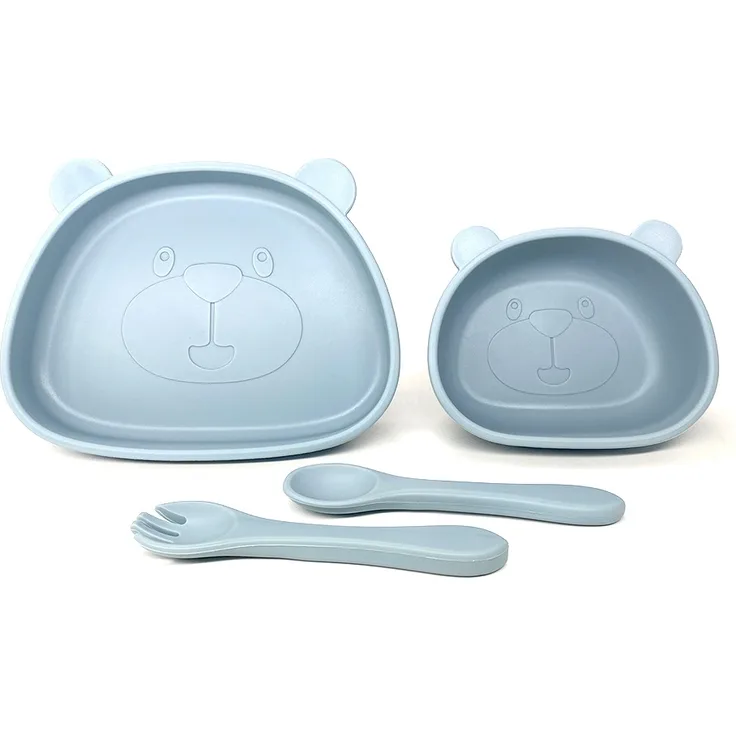 ABC 4-teiliges Besteckset, Babybesteckset - mit rutschfestem Saugnapf + Baby-Saugnapfschüssel, Löffel, Gabel, Besteckset, geeignet für 1-jährige Babys, Silikonbesteck