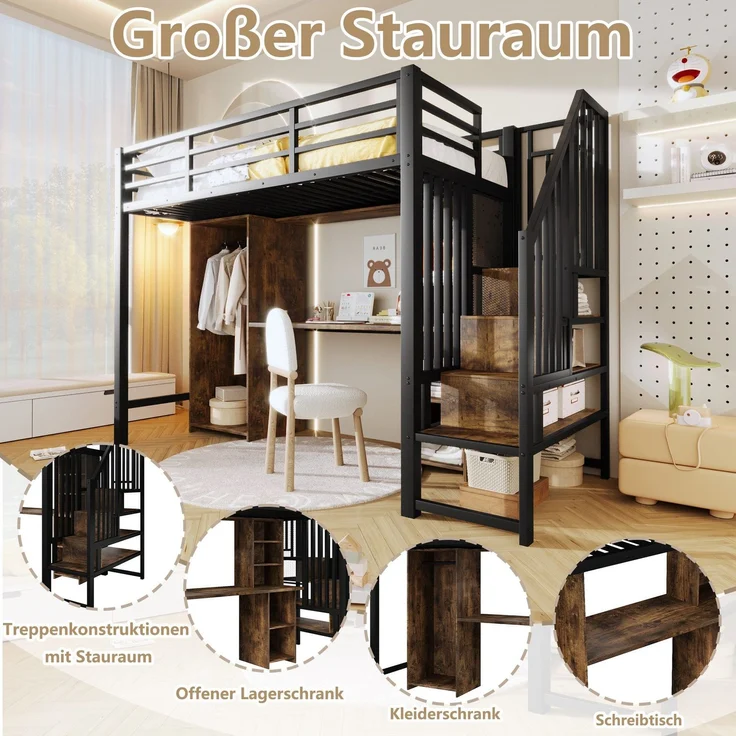 Hochbett mit Schreibtisch, Bücherregal, Kleiderschrank und Rausfallschutz, 90x200cm, Treppe mit Regal, Kinderbett, Metallbett – Bild 5