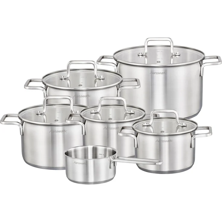 Hanseatic Topf-Set DAILY, Edelstahl 18/10 (Set, 11-tlg, Fleischtopf 2x 16 cm / 2x 20 cm / 1x 24 cm, Stielkasserolle 16 cm), handfreundliche Griffe, Literskala, Glasdeckel, Induktion – Bild 3