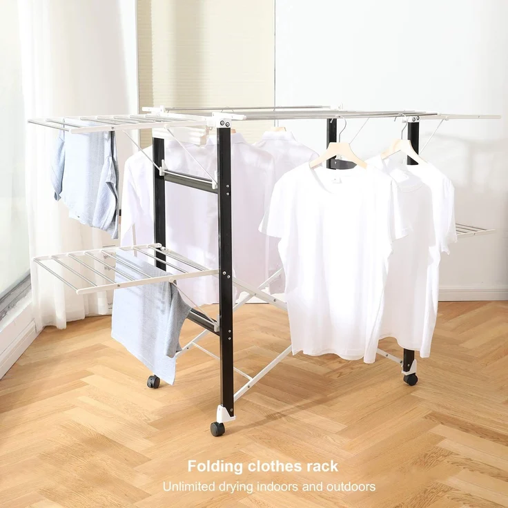 Todeco - Klappbarer Kleiderbügel, Klappbarer Wäscheständer - Material: Edelstahl - Größe der großen klappbaren Seitengitter: 49,0 x 43,2 cm (x 4 Teile) - 174 x 105 x 84 cm, Schwarz/Weiß – Bild 2