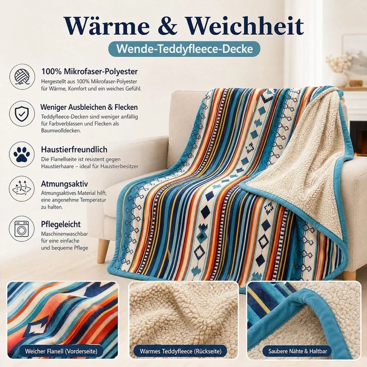 Wohndecke Kuscheldecke Fleecedecke 127x152 / 150x200 cm, weich & warm, PFCTART, Flauschige Decke, wendbar, 100 % Mikrofaser mit Aztekenmuster – Bild 3