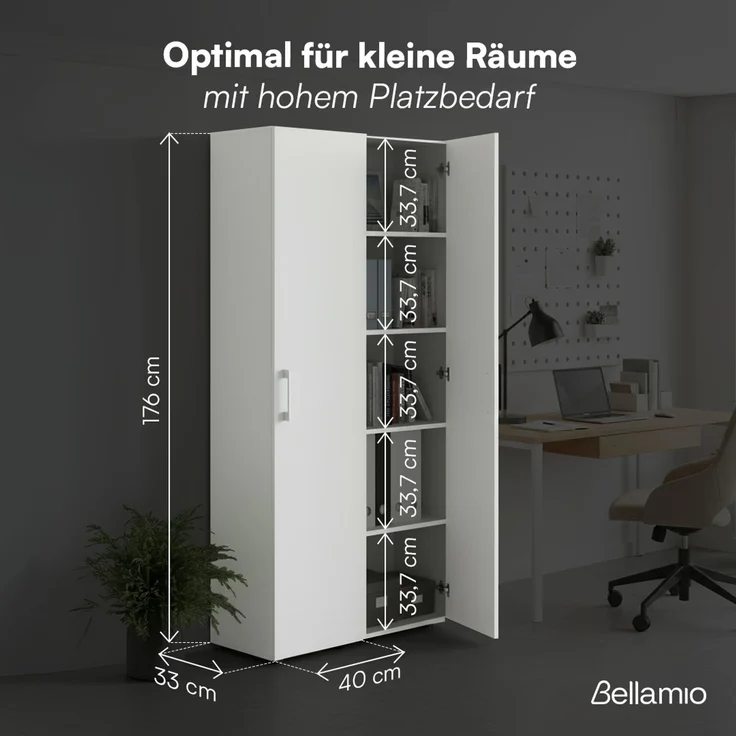 Bellamio 'Apol' Mehrzweckschrank schmal, weiß, 176x33x40 cm, Aktenschrank mit 5 Ablagefächern, Tür beidseitig montierbar – Bild 6
