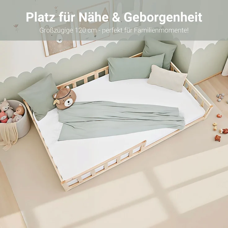 Kinderbett 120x200 Bodenbett mit Rausfallschutz Montessori Bett Kleinkindbett Holz Kiefer Natur Massiv Einzelbett Lattenrost Bettgestell – Bild 8