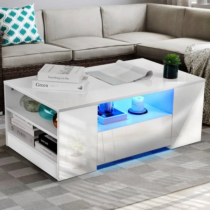 oyajia Couchtisch Hochglanz couchtisch Sofatisch mit LED-Beleuchtung Verstellbare Farben (1-St, Modern Sofatisch Wohnzimmertisch mit 2 Schublade und 2 Regalsofa), Beistelltisch, mit Stauraum, für Wohnzimmer, Schlafzimmer, 99x55x37cm