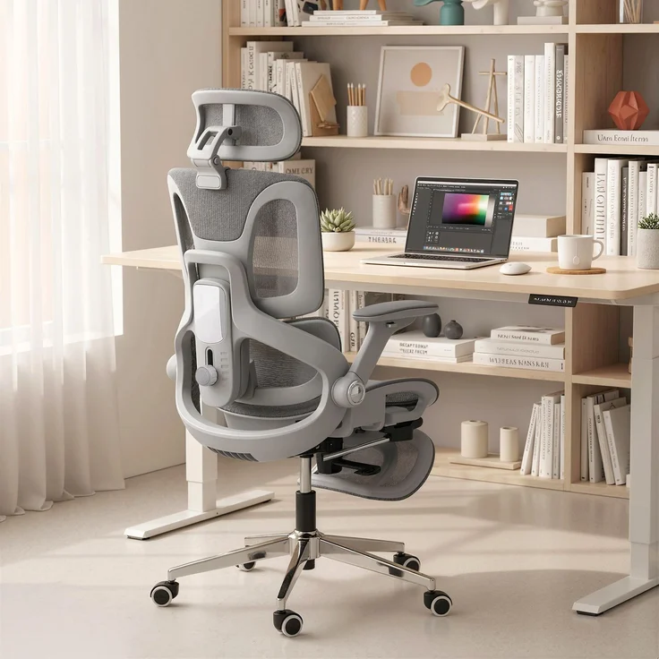 MELAYR, Ergonomischer Bürostuhl, Mesh-Computersessel mit separatem Rücken, Lendenstütze, 74 x 67 x 132 cm, Grau – Bild 3