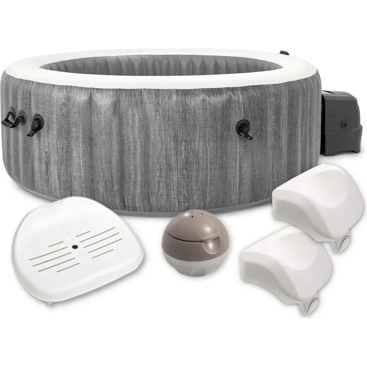 INTEX PureSPA Bubble Whirlpool Greywood Deluxe (Ø196cm) mit abnehmbarem Steuerpanel, 140 Luftdüsen, Kunststoffsitz & Dosierspender