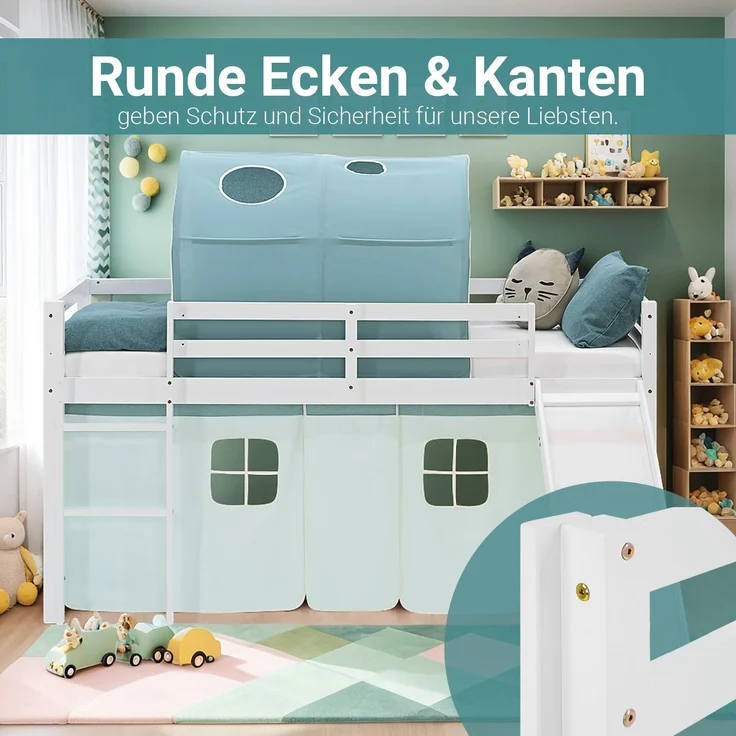 Hochbett Kinder 90x200 cm mit Rutsche Lattenrost Kinderbett Stockbett Vorhang Tunnel Grün Mintgrün Holz Massiv – Bild 8