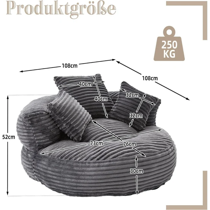 Couch Sitzsack Lounger Boneless Hoher Rücken 3 Kissen Cord Dunkelgrau – Bild 2