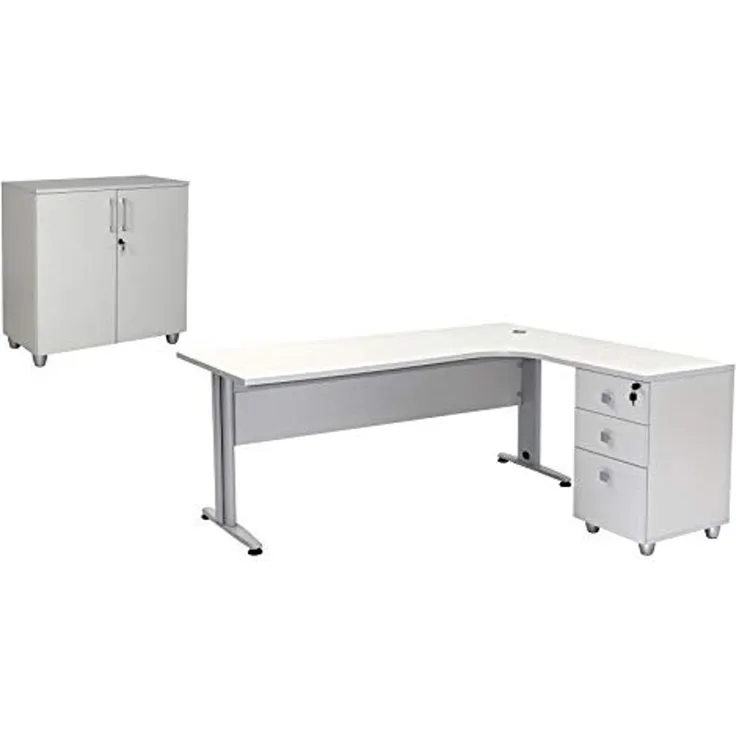 Schreibtisch Set Dona, grau Dekor, inkl. Schreibtisch inkl. Container mit 3 Schüben, rechts gwinkelt, Aktenschrank