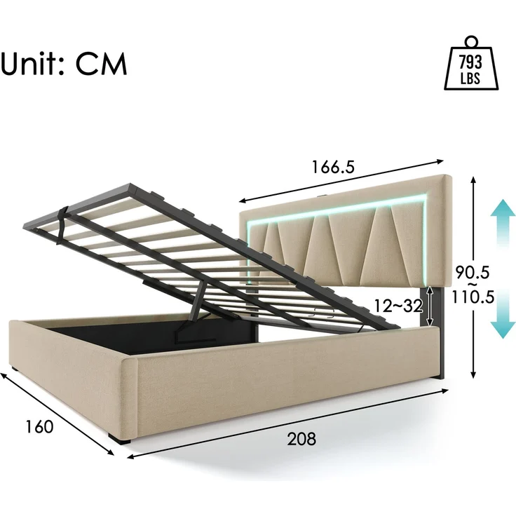 Polsterbett 160x200 cm mit verstellbarem Kopfteil, LED-Beleuchtung, USB & Type-C Ladeanschluss,Stauraum,Beige,inklusive Matratze – Bild 8