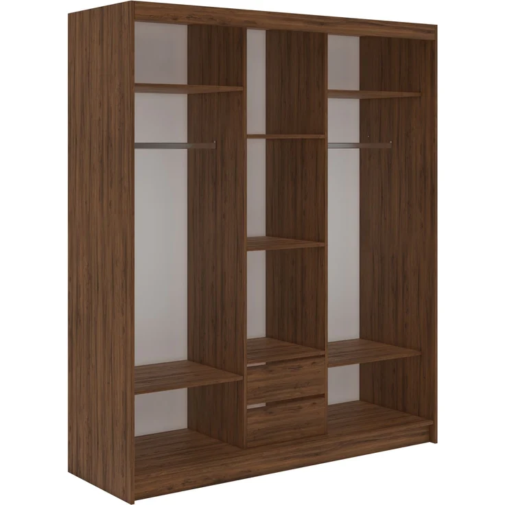 Kleiderschrank LAOS 180 cm Schiebetürenschrank Warmia-Nuss mit Akustikpaneel-Design (Lamellen) Schwarz & Spiegel, Inkl. Innenausstattung - mit Schubladen – Bild 5