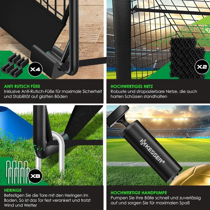 KESSER Pop-Up Fußballtor, 2er Set, mit Transporttasche, 6x Hütchen, Ballpumpe & Zielscheibe, Glasfaserstangen, 120x90 cm, Schwarz – Bild 5