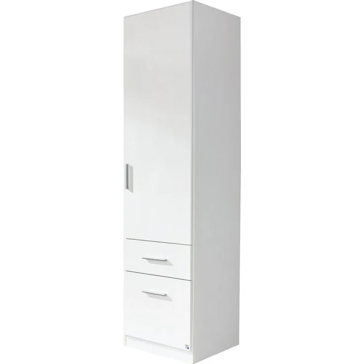 Rauch Möbel Celle Schrank Drehtürenschrank in Weiß / Hochglanz Weiß, 1-türig mit 2 Schubladen, inkl. Zubehörpaket Basic 1 Kleiderstange, BxHxT 47 x 197 x 54 cm