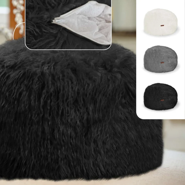 Green Bean® runder Sitzpouf Felloptik in 3 Farben - Sitzhocker mit Füllung - Maße 45 x 25 cm - perfekte Ergänzung zum Sitzsack - Sitzwürfel Sitzkissen Hocker Sitzhocker Schwarz – Bild 2