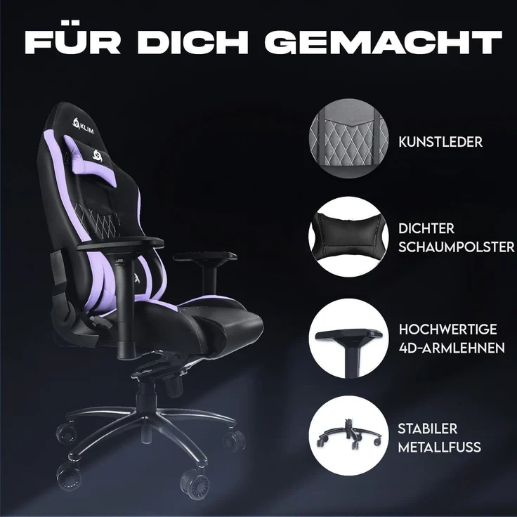 KLIM Esports Gaming Stuhl Lila mit Lenden- und Nackenstütze – Bild 4