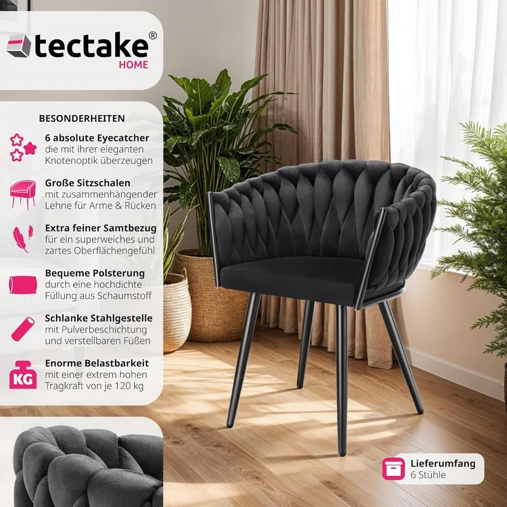 tectake Esszimmerstuhl Astano (6er Set, 6 St), gepolstert, mit Samtbezug, Knotendesign – Bild 4