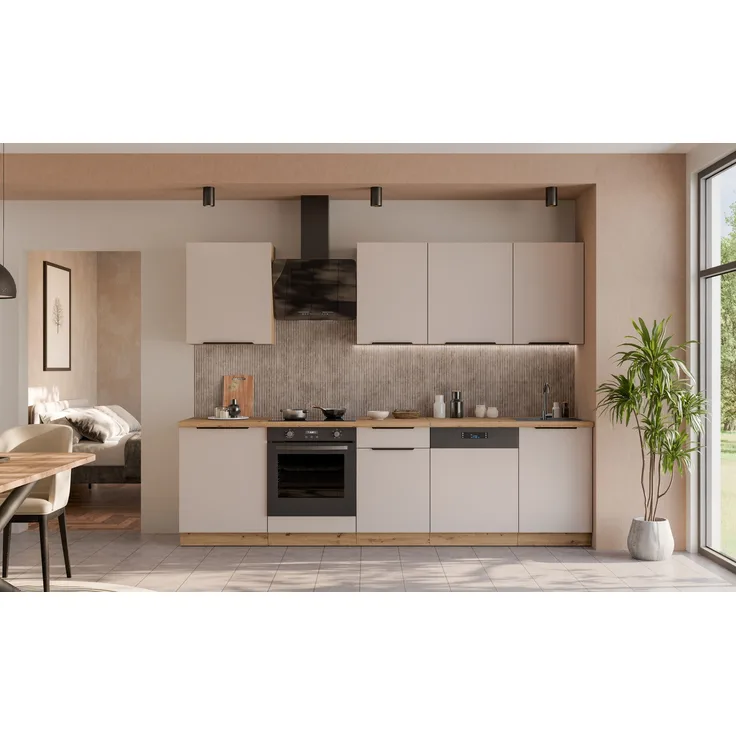 Küche SOLANO BASIC 280 cm Küchenzeile Küchenblock Einbauküche Kaschmir beige matt + Eiche Artisan matt