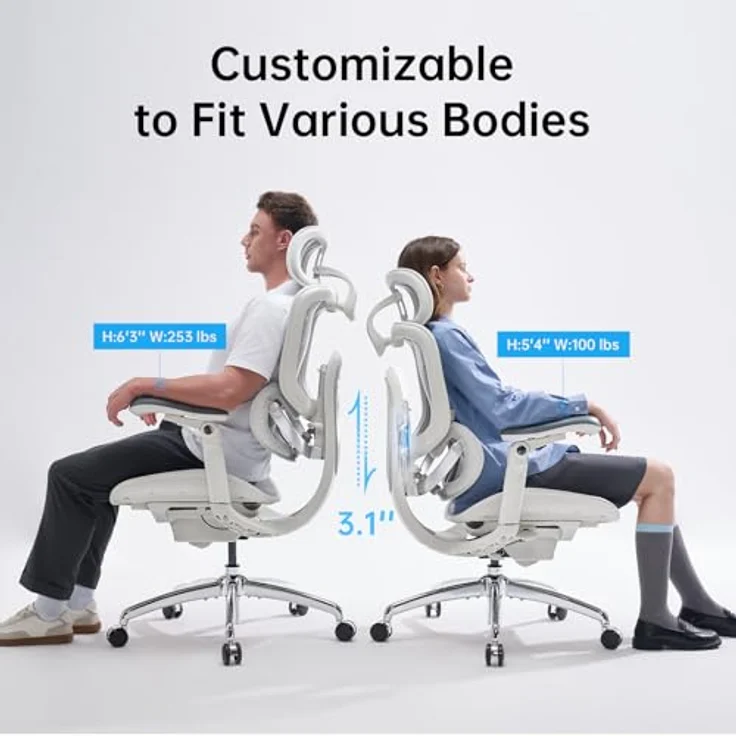 SIHOO Doro C300 Pro V2(grau), Ergonomischer Bürostuhl mit Netzbezug, 8D-Armlehnen, drehbarer Lendenwirbelstütze, 3D-Kopfstütze, Sitztiefenverstellung und Neigung, für Homeoffice, Weiß – Bild 4