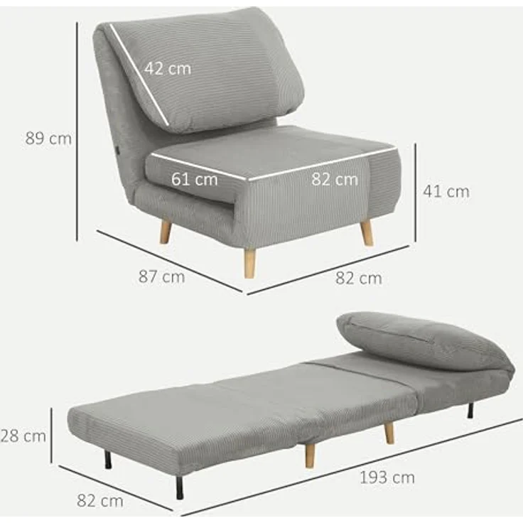 HOMCOM Sessel Verstellbar Klappmatratze Gästebett (Schlafsessel, 1-St, Schlafsofa), für Wohnzimmer, Schlafzimmer, Grau – Bild 4