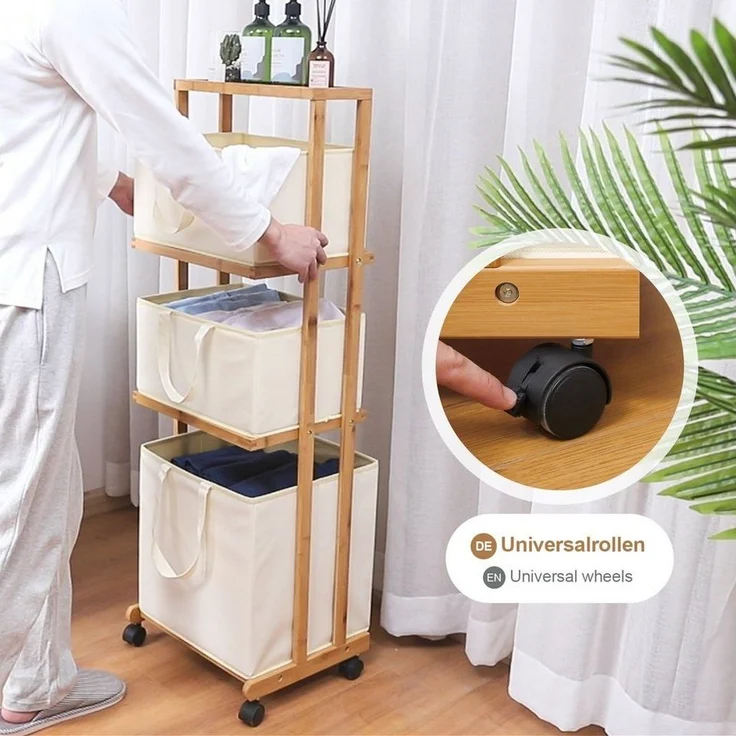 Yorbay Wäschekorb 3 Fächer aus Bambus mit Rollen (Wäschesammler mit 3 abnehmbaren Körben + Ablage), Badregal Wäschewagen für Badezimmer, Waschküche, Schlafzimmer – Bild 3