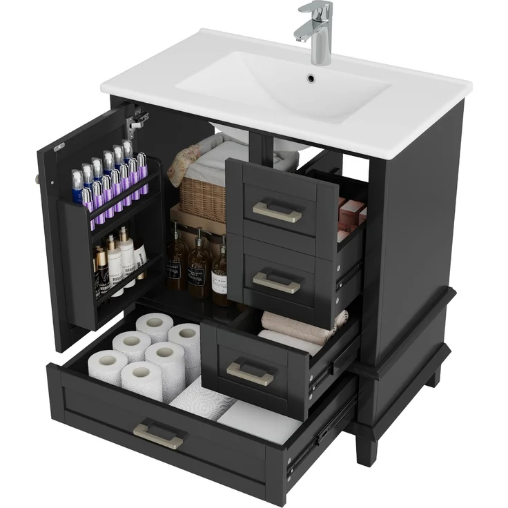 76x46x83,5cm schlichter Badezimmerschrank, komplett lackiert, Türregal, drei geräuschlose Schubladen, verstellbare Regale, integriertes Keramikwaschbecken, Schwarz – Bild 6